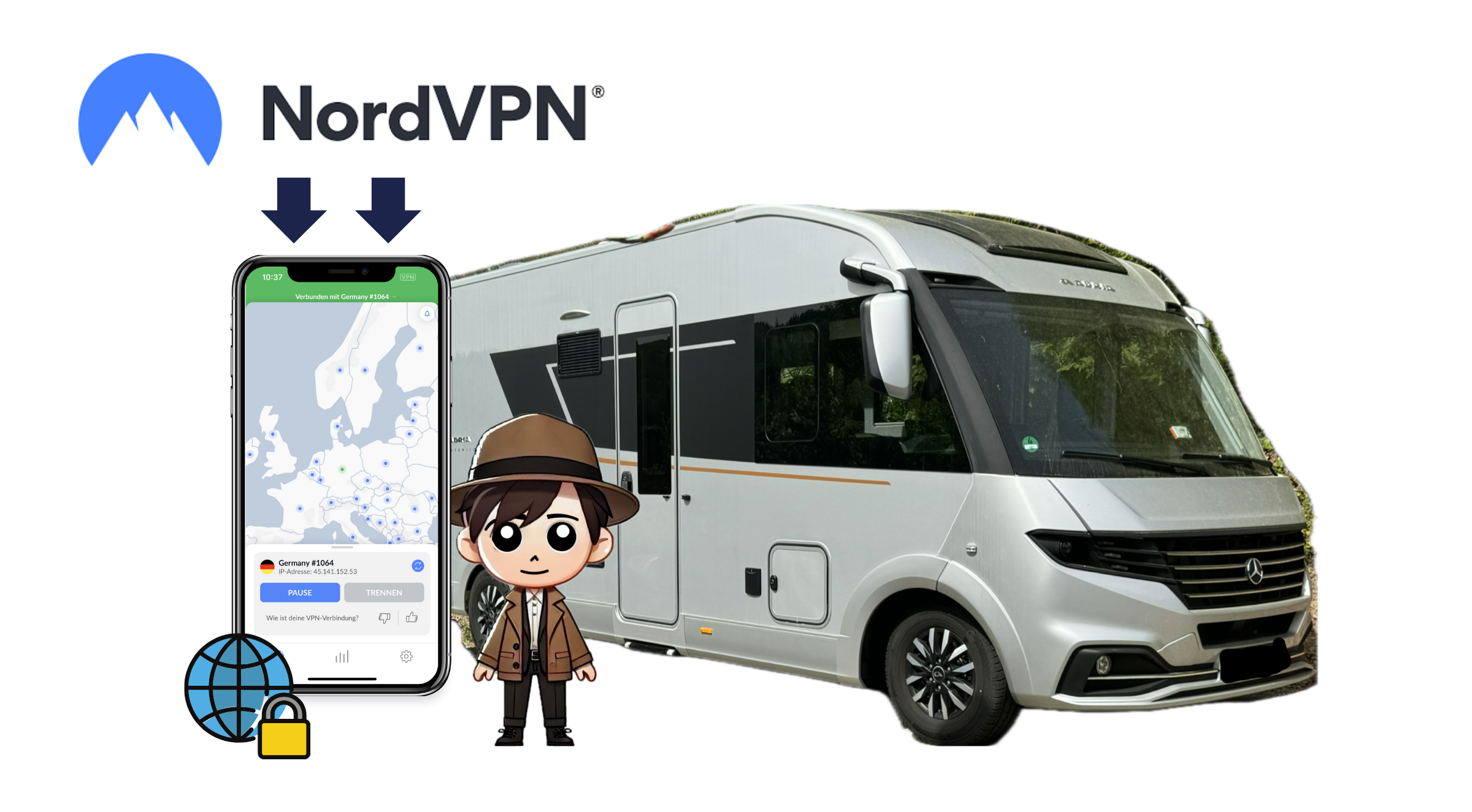 Man sieht einWohnmobil in der Mitte vom Bild Und ein Handy nebendran wo die App NordVPN Dargetellt wird und eine Cartoon Figur und ein Symbol das die sicherheit durch Nord VPN Audrückt.