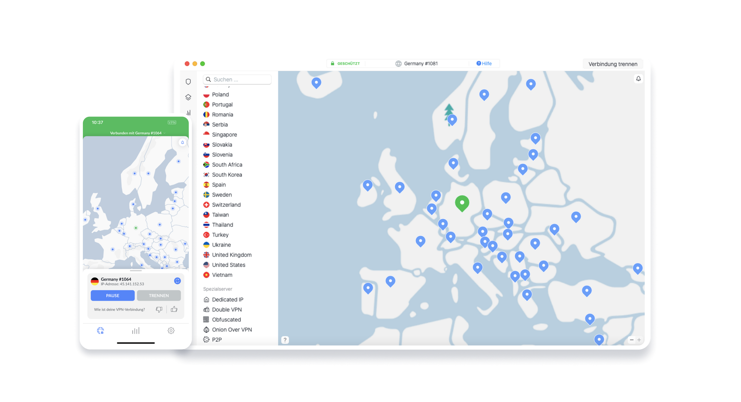 Nord VPN auf IOS man sieht die Anwendung Nord VPN auf einem MacBook und IPhone geöffnet